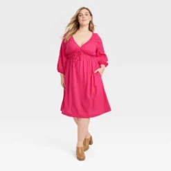 Women's Tie-Front Puff 3/4 Sleeve Midi Dress - Universal Thread™ -Universal Thread GUEST 48540e8e fc6f 416b 8e8b 1316600b2491