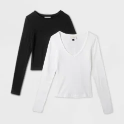 Women's 2pk Long Sleeve Shrunken Rib T-Shirt - Universal Thread™ White/Black -Universal Thread GUEST 9454ecb2 4250 4b07 a359 dad972e05cf0