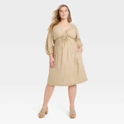 Women's Tie-Front Puff 3/4 Sleeve Midi Dress - Universal Thread™ -Universal Thread GUEST b0998ca1 3e24 4c91 88d7 d7409c86354a