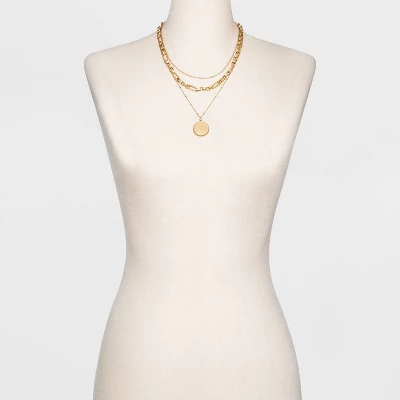 Disc Charm And Chain Layered Necklace - Universal Thread™ Gold 2 Disc Charm And Chain Layered Necklace - Universal Thread™ Gold