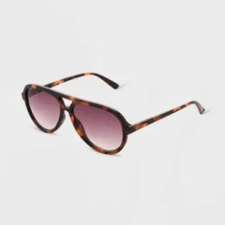 Women's Tortoise Print Shiny Plastic Metal Aviator Sunglasses - Universal Thread™ Dark Brown